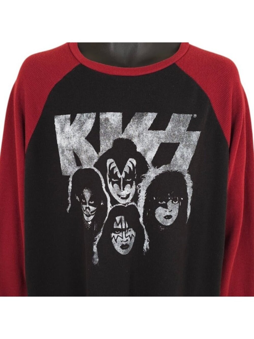 Kiss T Shirt Mens Size XL Black Red Waffle Weave Raglan Rock & Roll Band Tee
